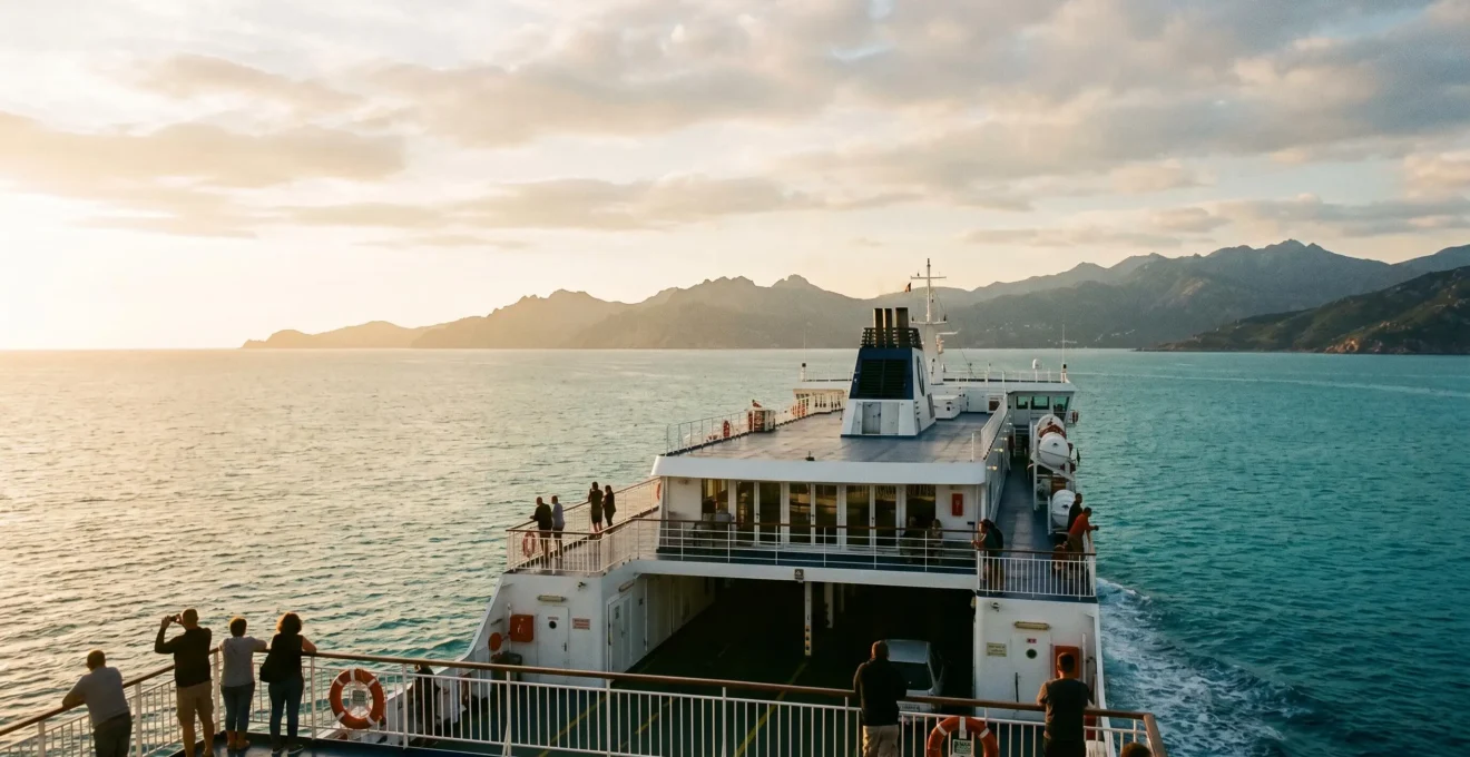 Ferry moderne naviguant en mer Méditerranée au coucher du soleil, côte montagneuse à l'horizon, passagers sur le pont extérieur
