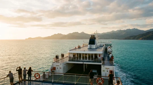 Ferry moderne naviguant en mer Méditerranée au coucher du soleil, côte montagneuse à l'horizon, passagers sur le pont extérieur
