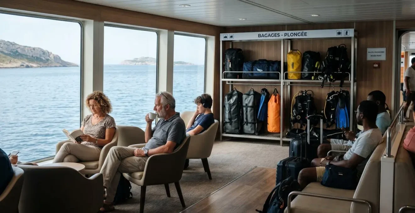 Intérieur de salon passagers d'un ferry moderne, voyageurs installés confortablement près des fenêtres, équipement de plongée rangé dans espaces dédiés