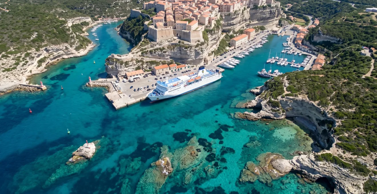 Vue aérienne du port de Bonifacio en Corse, ferry à quai, mer turquoise transparente révélant fonds marins et sites de plongée à proximité